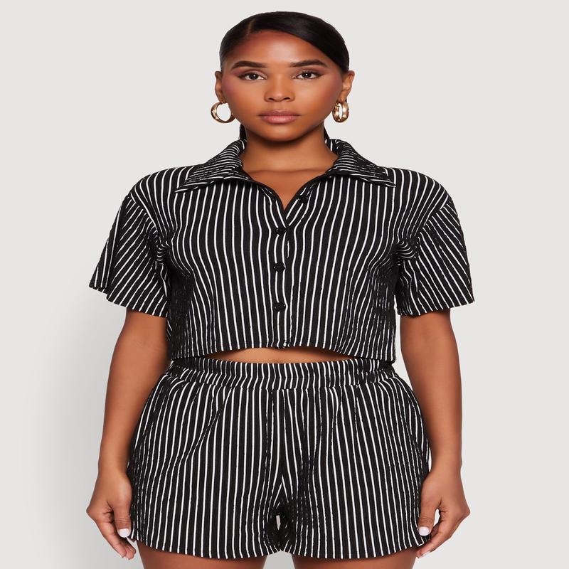 Textured Knit Striped Cropped Shirt