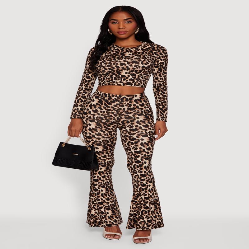 Leopard Print Pull On Flare Pants