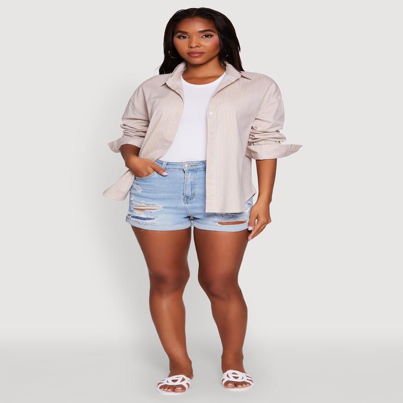 Pinstripe Button Front Long Sleeve Shirt