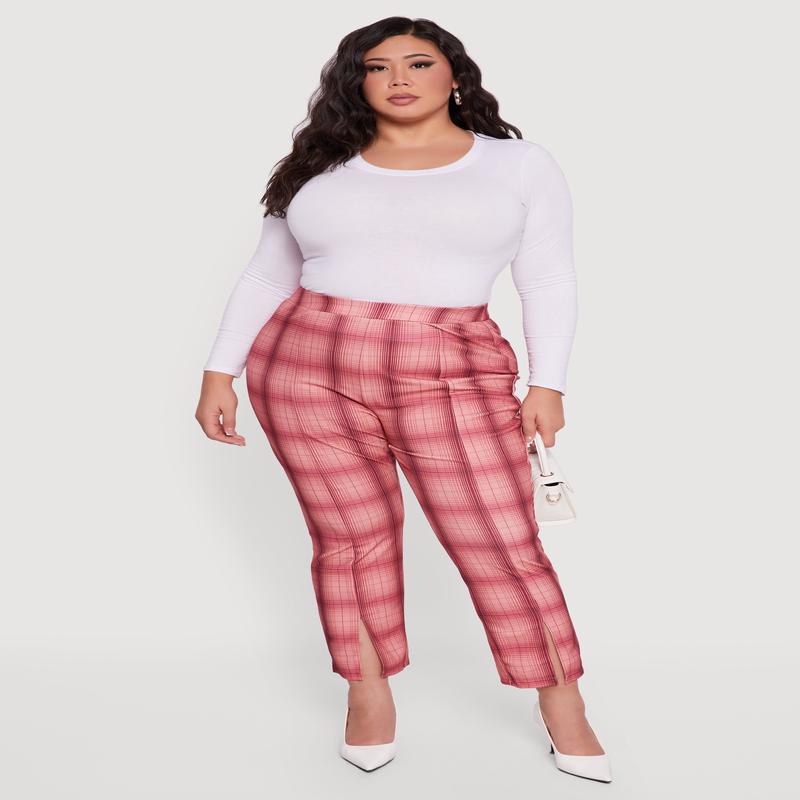 Plus Size Plaid Slit Front Pull On Slim Leg Pants