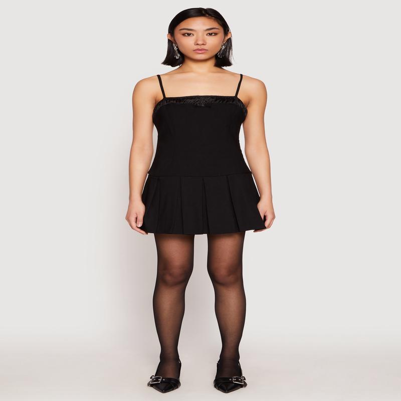 Satin Detail Pleated Cami Skater Dress