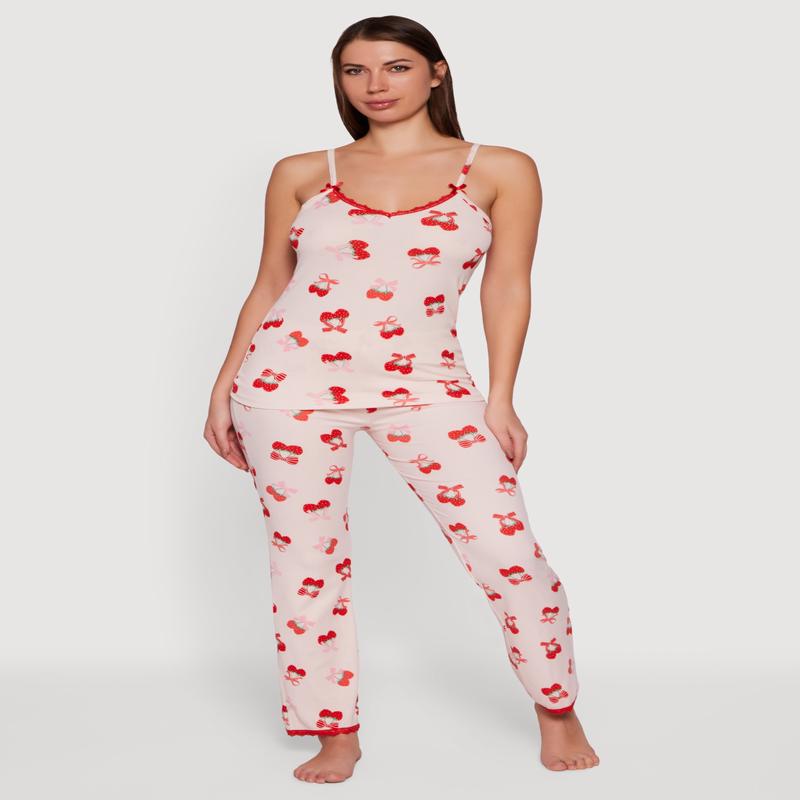 Strawberry Bow Print Pajama Top and Pants Set