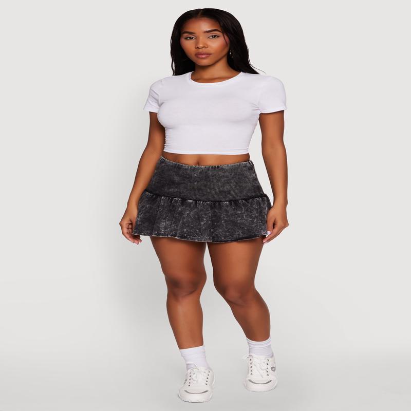 Trendy Acid Wash Ribbed Knit High Waisted Mini Pleated Skirt