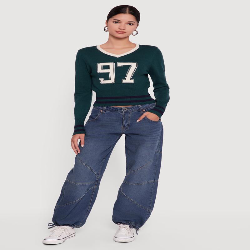 97 Graphic Varsity Stripe V-Neck Sweater