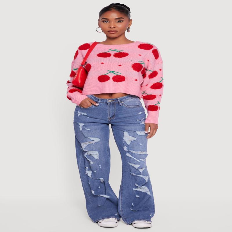 Cherry Print Pullover Cropped Sweater