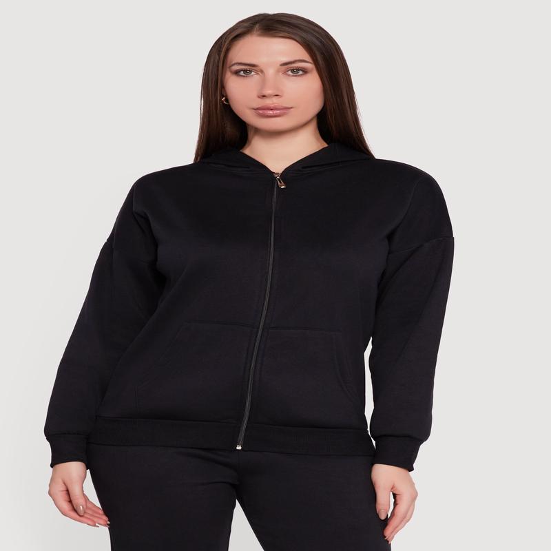 Long Sleeve Drop Shoulder Zip Front Hoodie