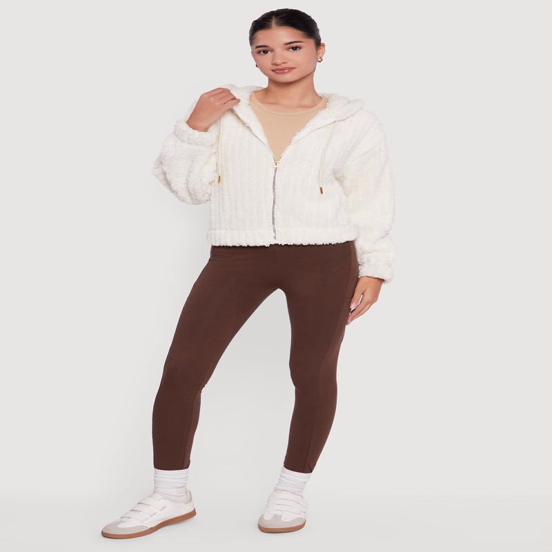 Oversized Ribbed Knit Hooded Sherpa Jacket