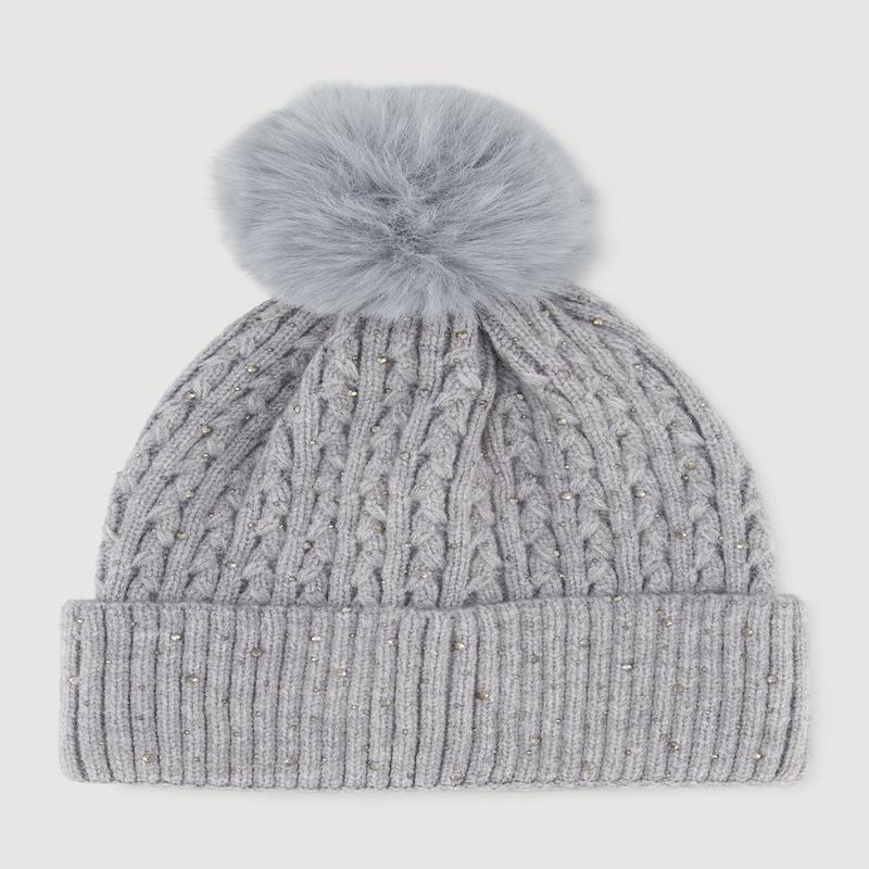 Rhinestone Cable Knit Pom Pom Beanie