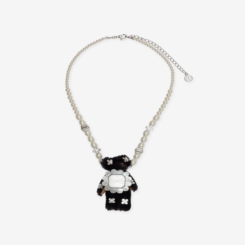 Yvmin - Bear Charm Pearl Necklace - (Black)