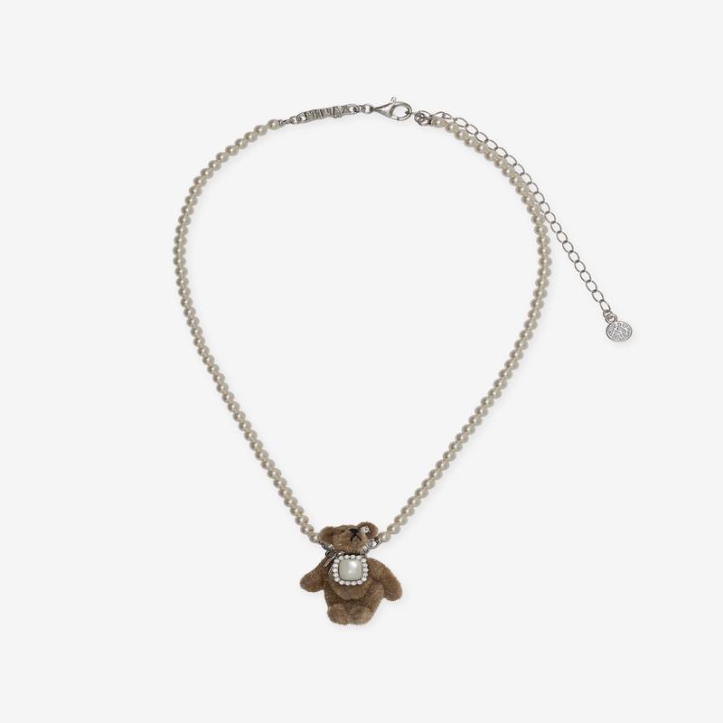 Yvmin - Square Stone Plush Bear Pearl Necklace - (Brown)