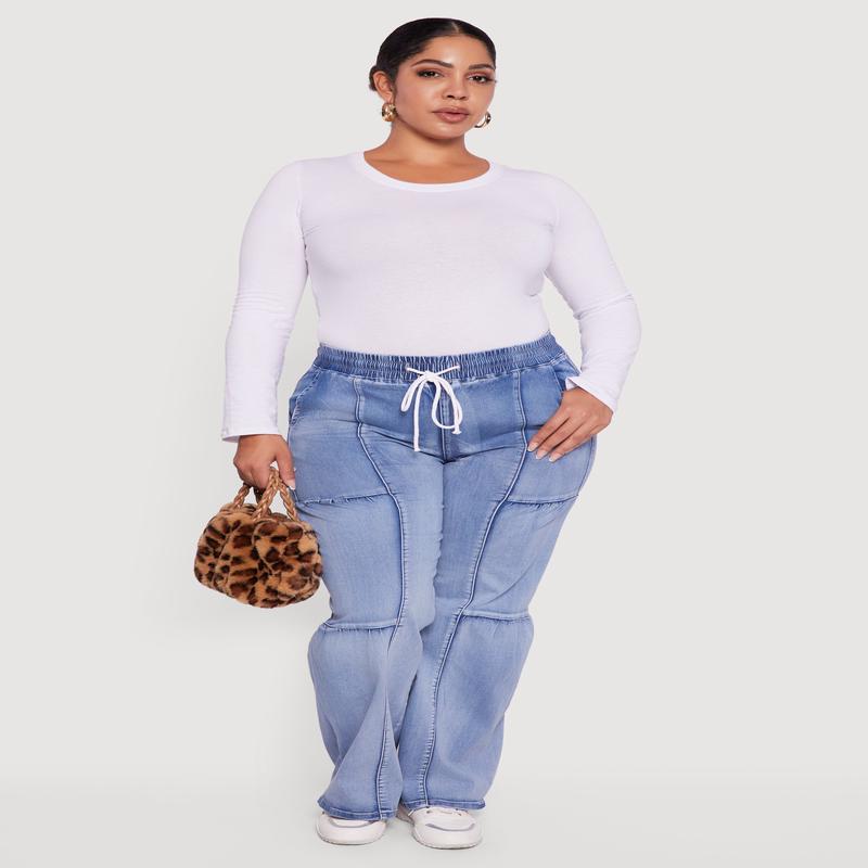 Plus Size Drawstring High Waisted Acid Wash Jeans