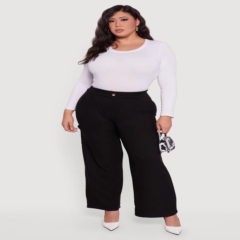 Plus Size High Waisted Wide Leg Dress Pants with Pockets