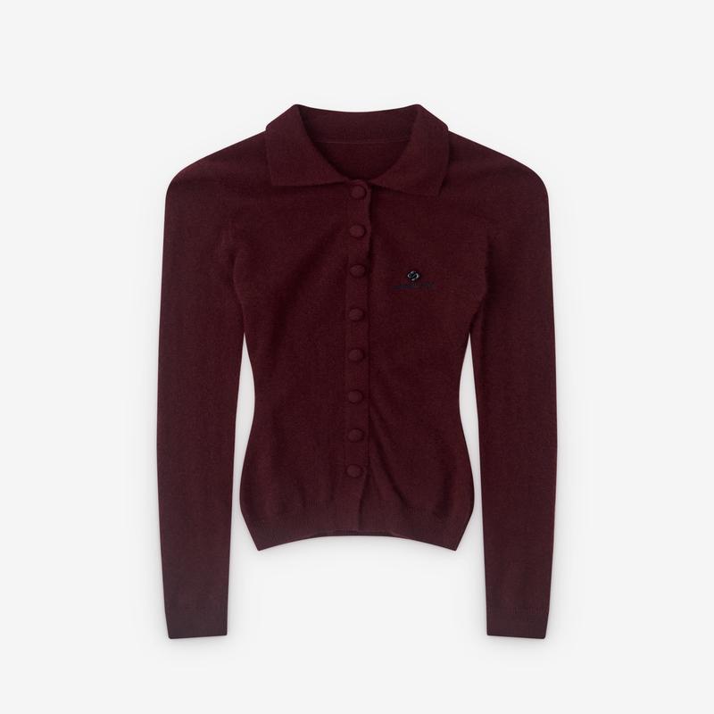 SHUSHU/TONG - Womens Lapel Fitted Cardigan - (Wine Red)