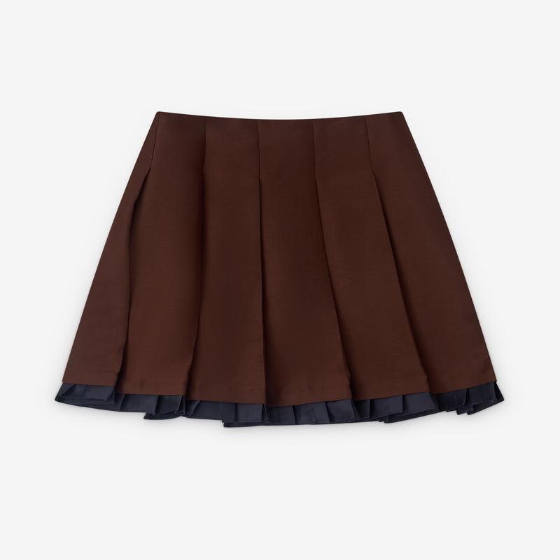 SHUSHU/TONG - Womens Patchwork Lace Wide Pleat Skirt - (Brown)