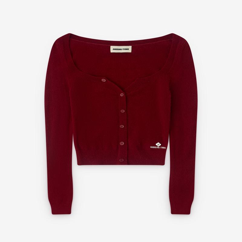 SHUSHU/TONG - Womens Round Neck Fitted Cardigan - (Wine Red)