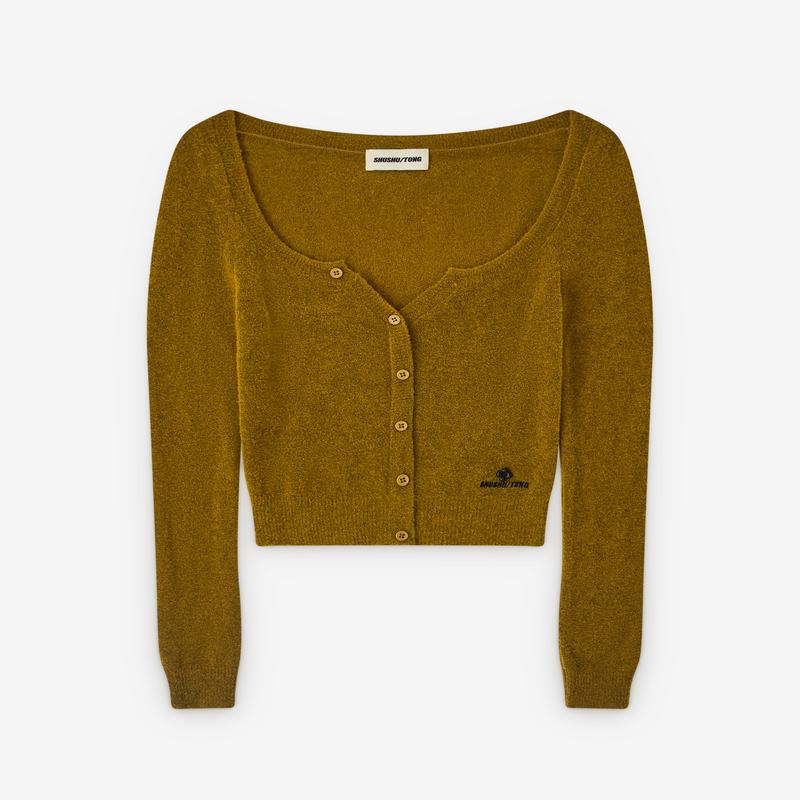 SHUSHU/TONG - Womens Round Neck Fitted Cardigan - (Yellow Green)