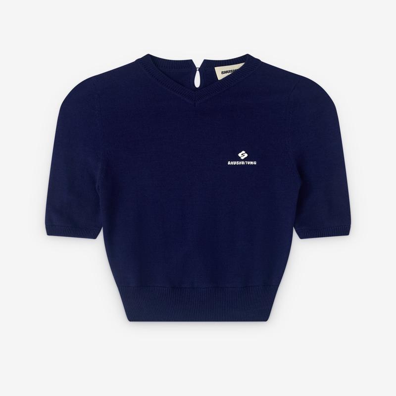 SHUSHU/TONG - Womens V-Neck Short Sleeve Knit Top - (Navy)