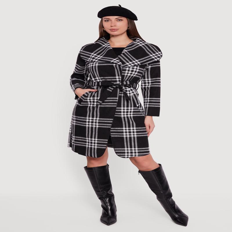 Trendy Plaid Fleece Wrap Coat with Tie Waist Belt