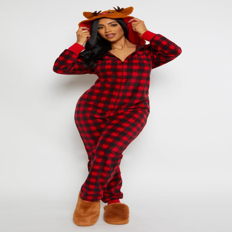 Womens Reindeer Hooded Buffalo Plaid Onesie Family Pajamas