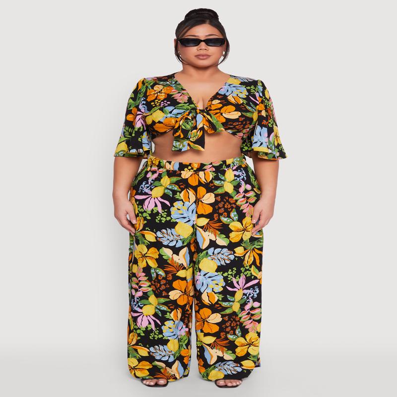 Plus Size Tropical Floral Palazzo Pants