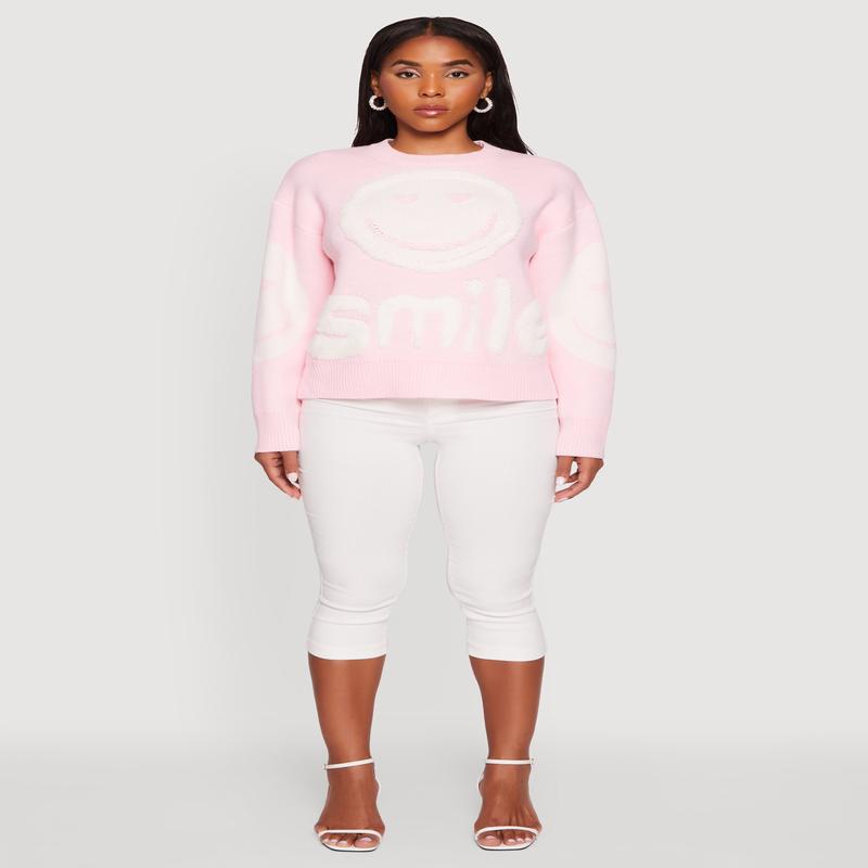 Tufted Knit Smiley Graphic Pullover Sweater