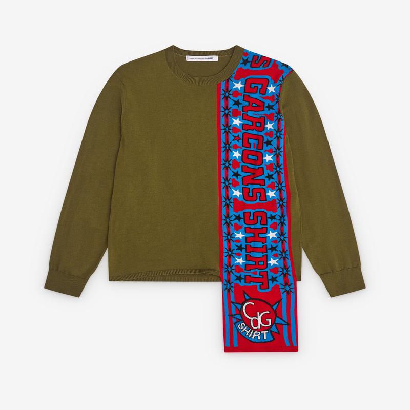 CDG Shirt - Mens Football Scarf Knitted Sweater - (Khaki/Red)