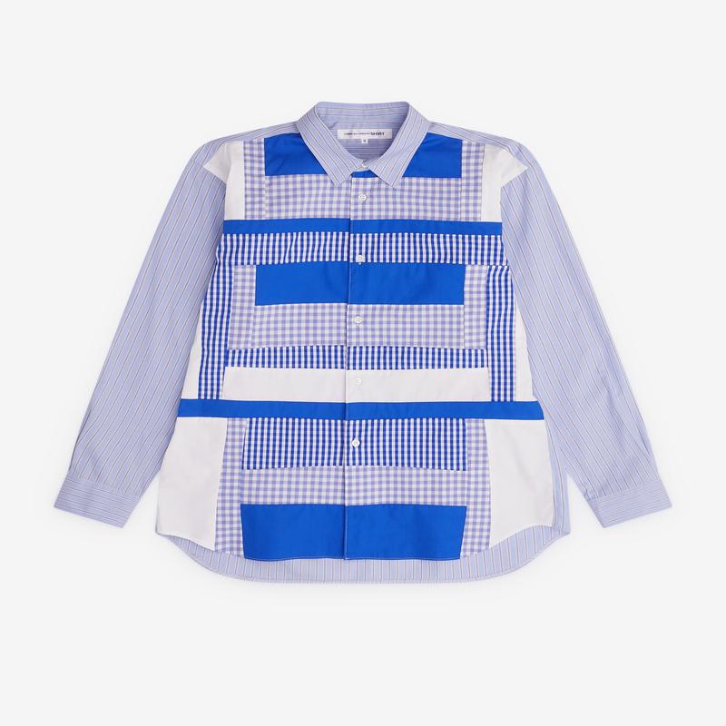 CDG Shirt - Mens Gingham Patchwork Panelled Shirt - (Blue)