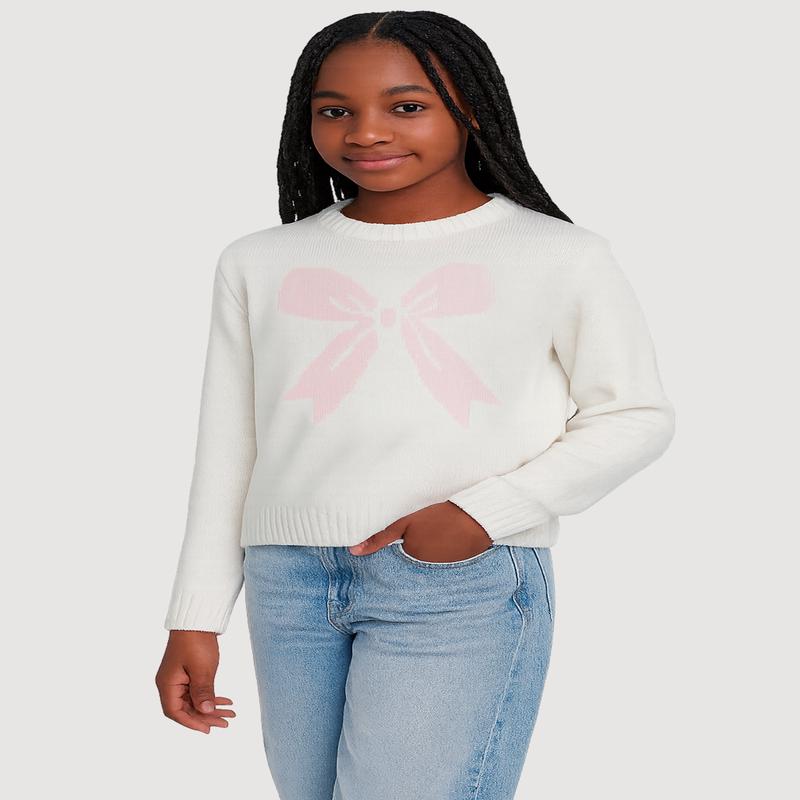 Girls Bow Print Long Sleeve Crew Neck Sweater