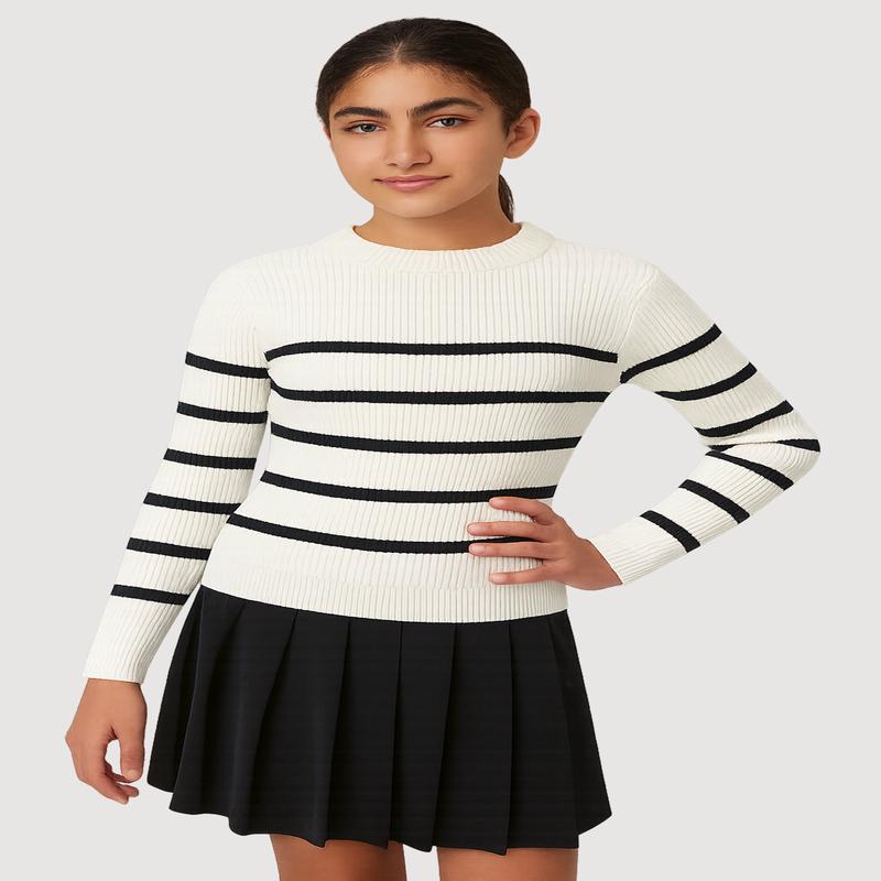 Girls Striped Ribbed Knit Pullover Sweater