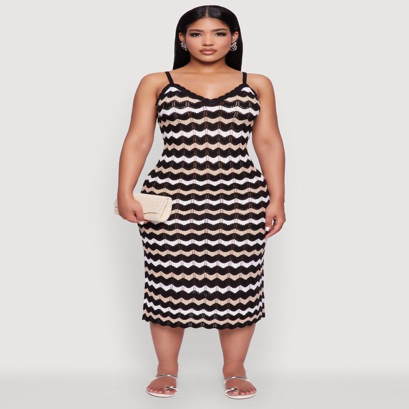 Madden Girl Wavy Striped V Neck Sleeveless Crochet Cami Dress