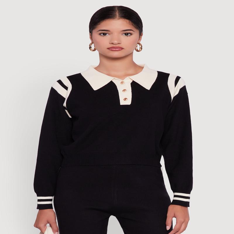 Polo Collar Sweater with Varsity Stripes
