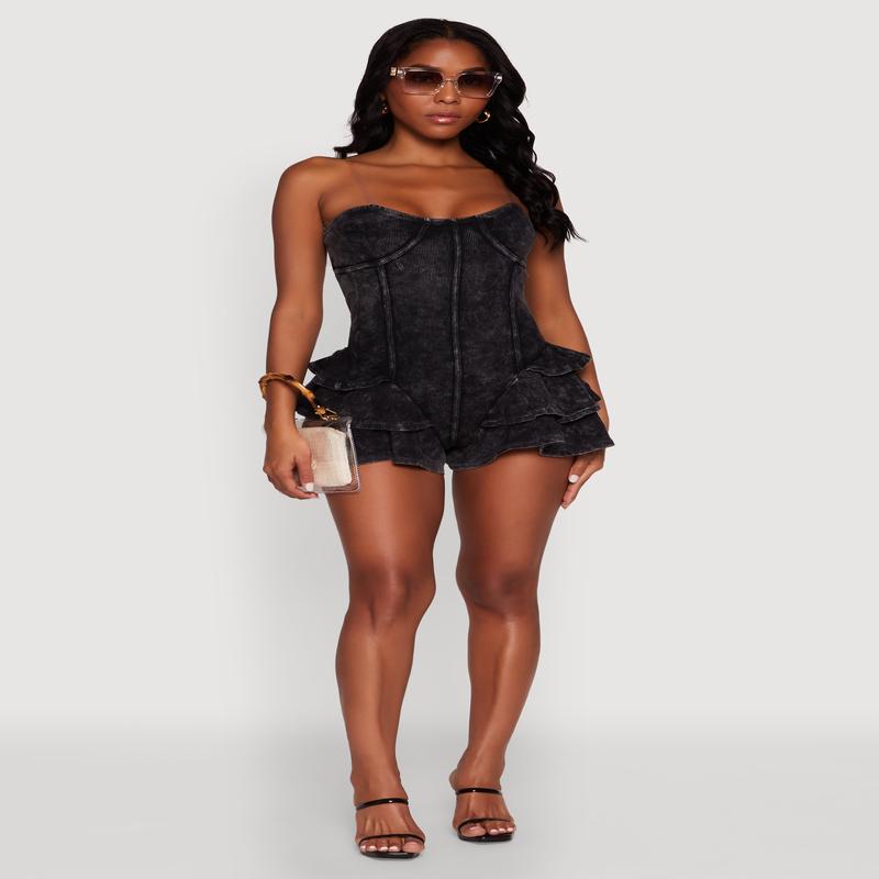 Trendy Acid Wash Corset Romper with Tiered Ruffles