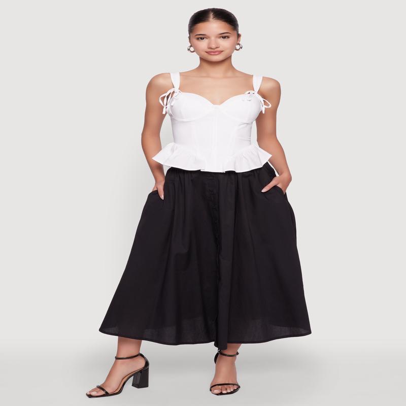 Chic Poplin Button Front Mid Length Skater Skirt