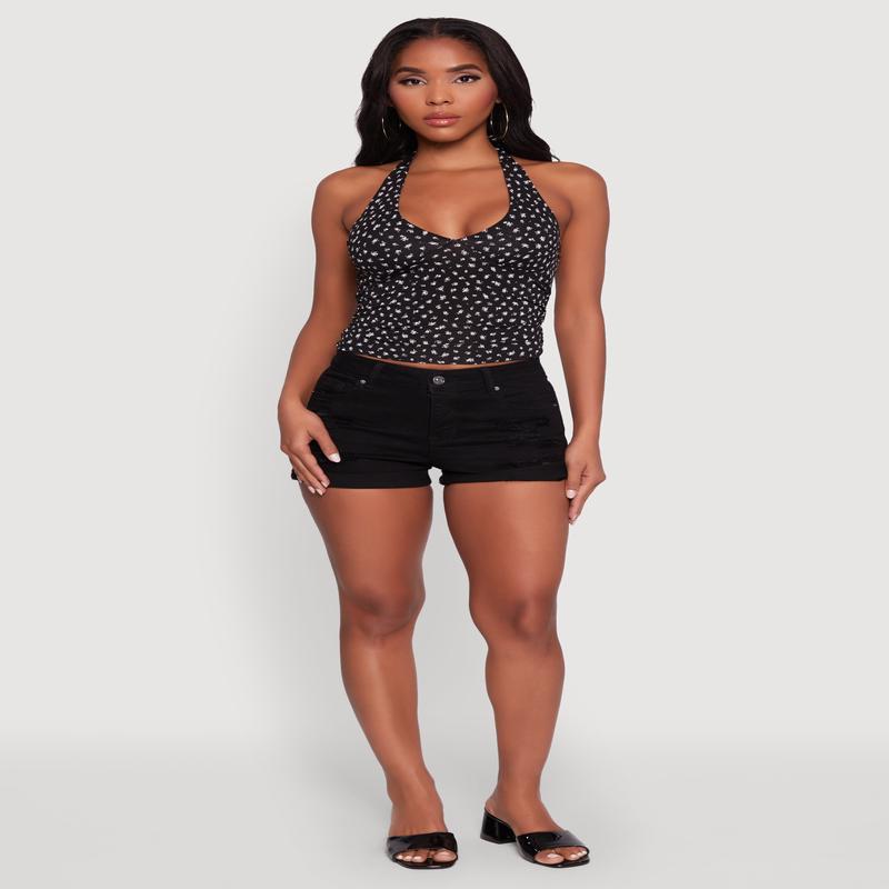 Ditsy Floral Print Side Ruched Tie Neck Halter Top