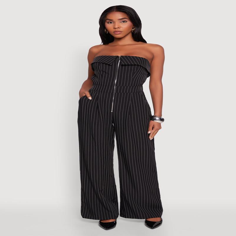 Pinstripe Fold Over Strapless Jumpsuit