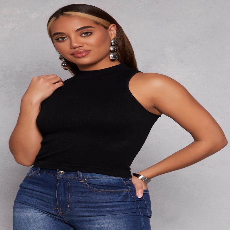 Seamless Ribbed Knit Mock Neck Top