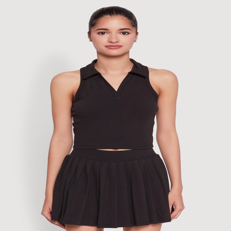Sleeveless Polo Collar Crop Top