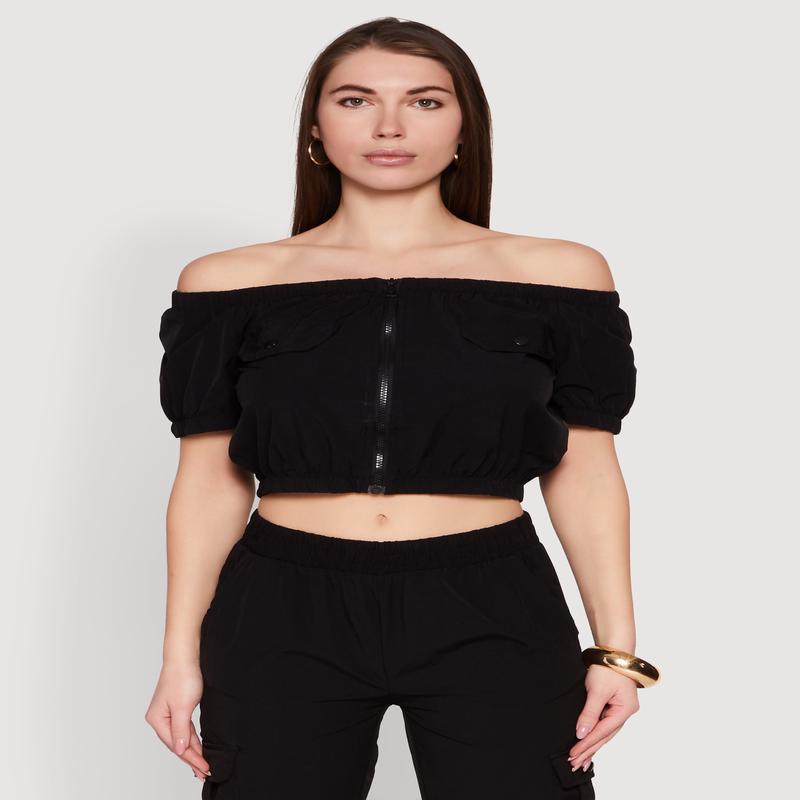 Zip Front Bubble Sleeve Crop Top