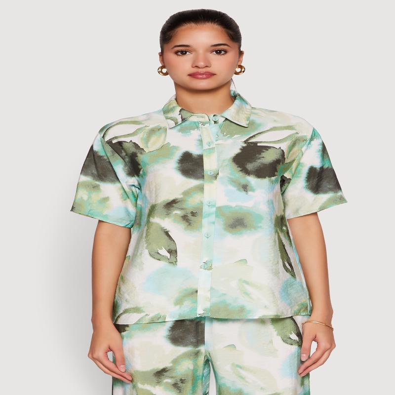 Abstract Leaf Print Button Front Shirt