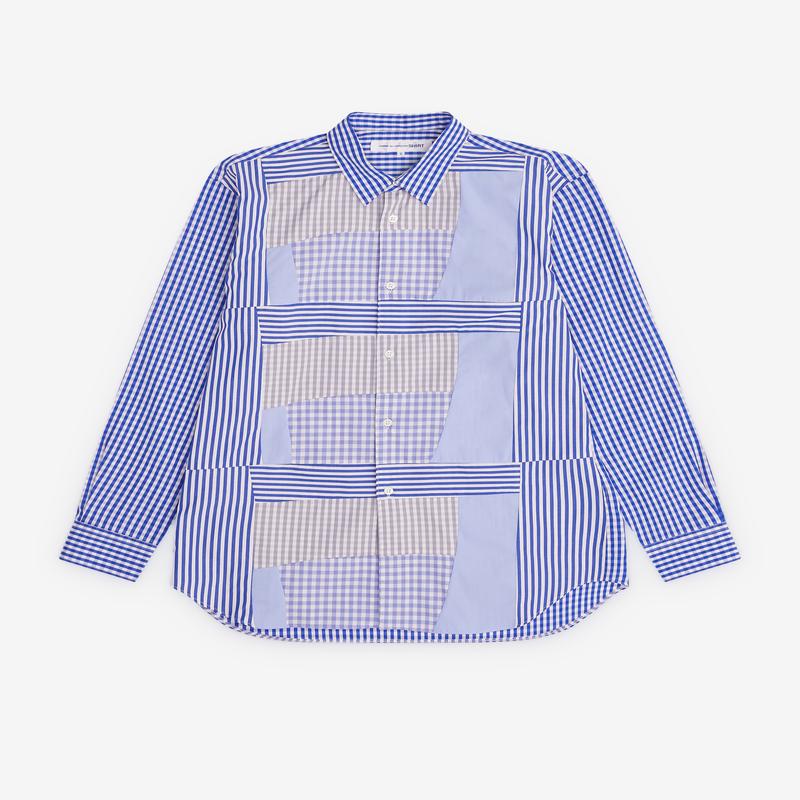 CDG Shirt - Mens Gingham And Striped Patchwork Shirt - (Blue)