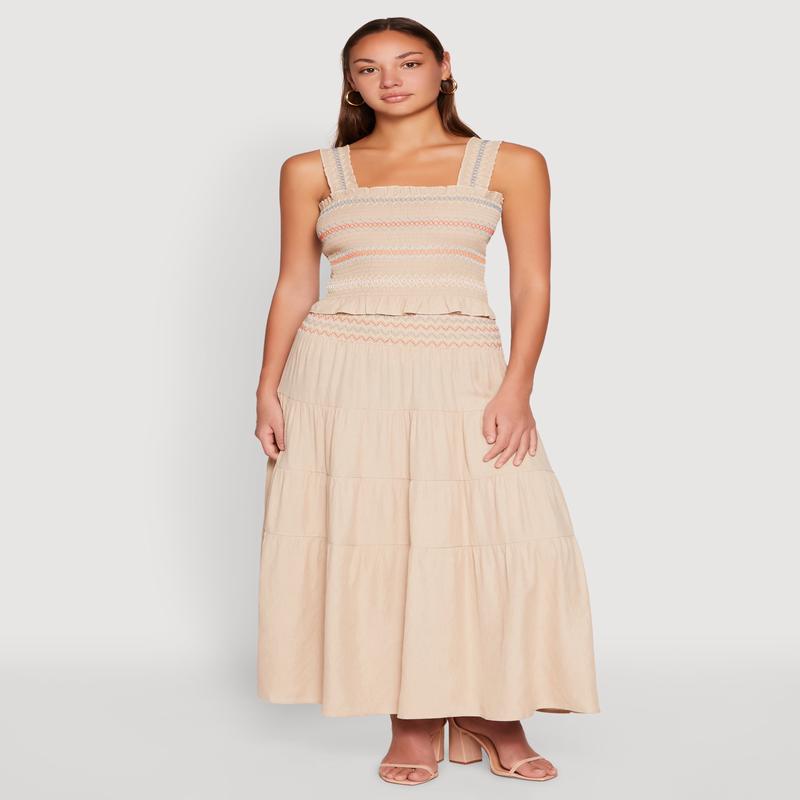 Chevron Smocked Trim Tiered Skirt