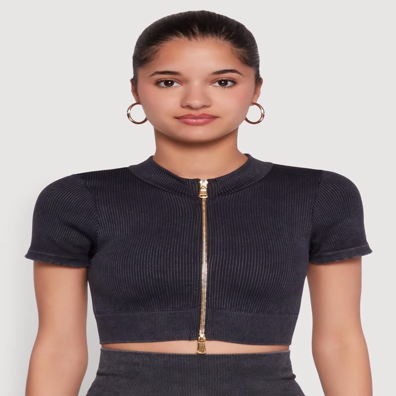 Daisy Seamless Double Zip Front Crop Top