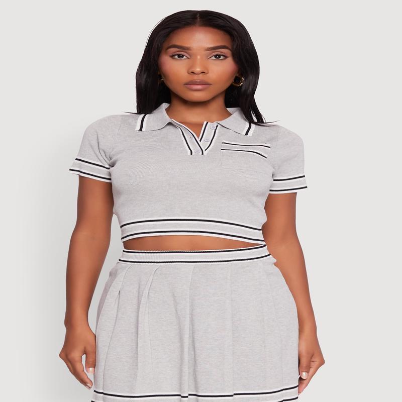 Daisy Varsity Stripe Trim Cropped Polo Shirt