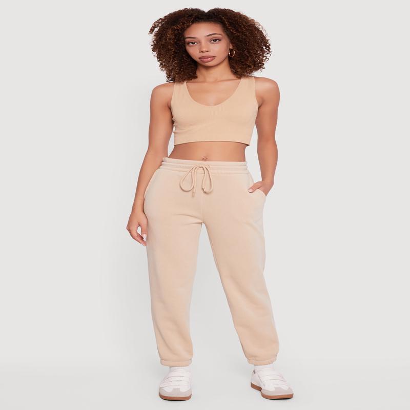 High Waisted Drawstring Fleece Sweatpants