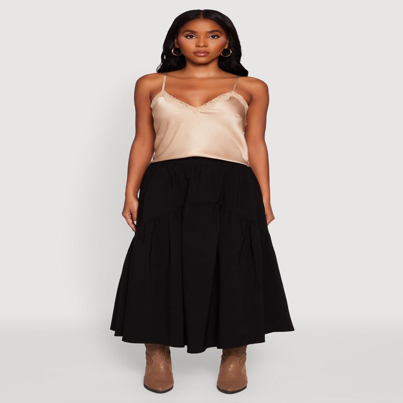 High Waisted Solid Maxi Tiered Skirt