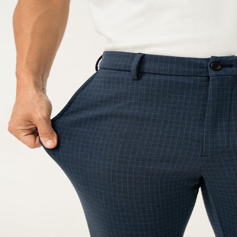 Medium Blue Checks Slim Fit Power Stretch Pants