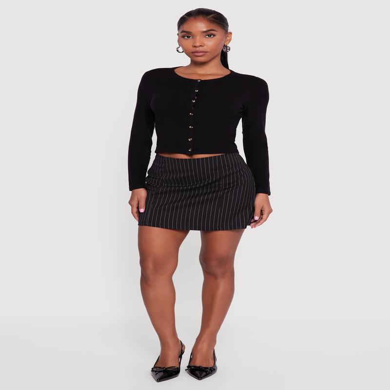 Ribbed Knit Button Front Long Sleeve Crop Top