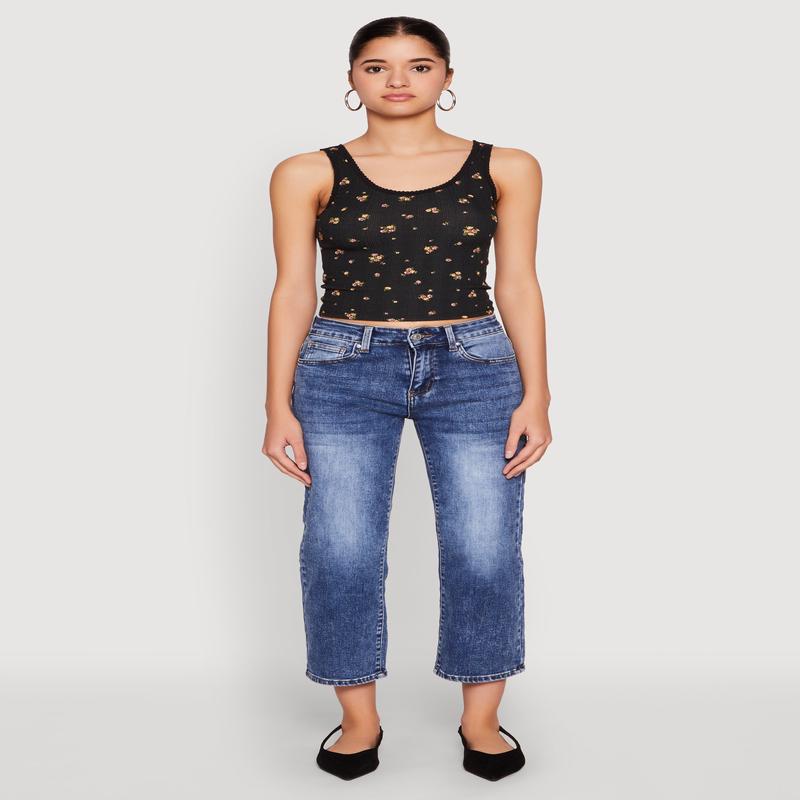 Ribbed Knit Floral Print Tank Top