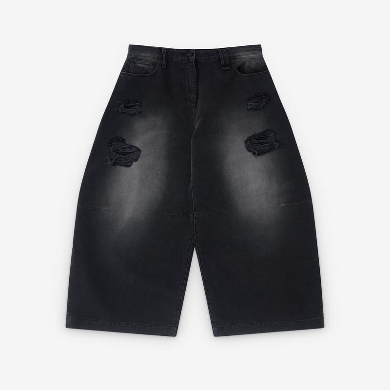 Simone Rocha - Womens Embellished Wide Leg Puddle Jeans - (Distress Black/Jet)