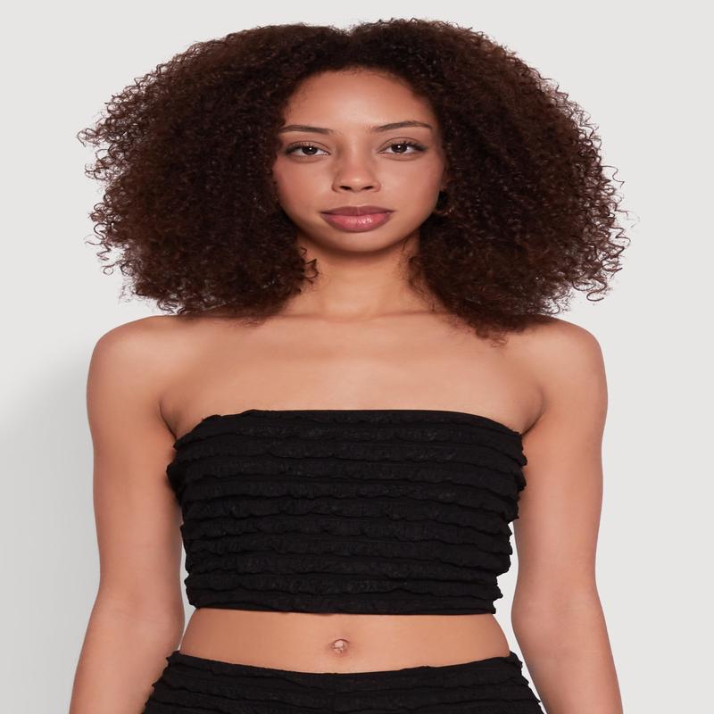 Trendy Mesh Lettuce Edge Tube Top with Cropped Hem